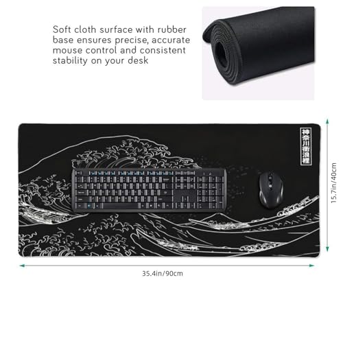 Japanese Gaming Mouse Pad XXL Black Mouse Pad Kanagawa Large Mousepad Non-Slip Rubber Base Waterproof with Stitched Edges for Gaming Office Home, 35.4x15.7x0.12 Inch (Black Wave) - color: Kanagawa Wave, size: 35.4Lx15.7W inches