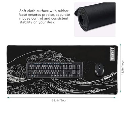 Japanese Gaming Mouse Pad XXL Black Mouse Pad Kanagawa Large Mousepad Non-Slip Rubber Base Waterproof with Stitched Edges for Gaming Office Home, 35.4x15.7x0.12 Inch (Black Wave) - color: Kanagawa Wave, size: 35.4Lx15.7W inches