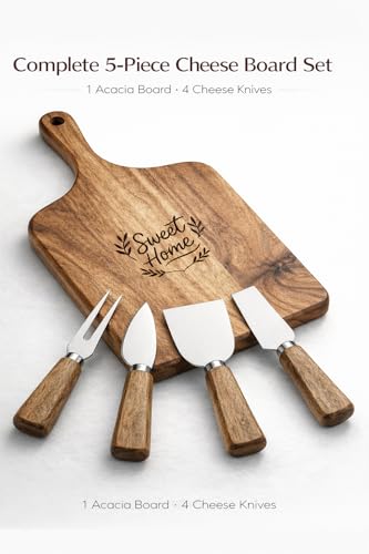 100% Acacia Wood Charcuterie Board Gift Set with Handle & 4 Cheese Knives | Natural Wood Grain | Smooth Polished Finish | Charcuterie & Cheese Board |Hosting & Everyday Serving |Premium Gift Box - size: 15.7