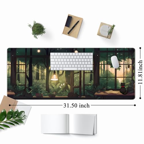 Cute Lofi Desk Mat Green Plants Mouse Pad Large Black Cat Aesthetic Desk Pad Kawaii Anime Extended Gaming Mousepad XL Laptop Keyboard Mouse Mat Deskmat 31.5"x11.8" Cute Office Decor - color: Green Plants