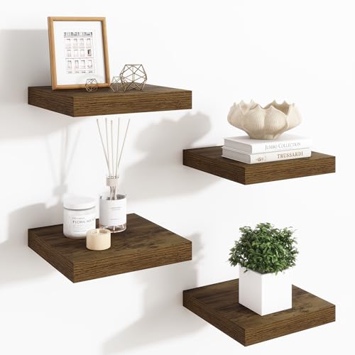 Fun Memories Floating Shelves for Wall - 7.5 Inch Square Shelves with Invisible Brackets, Brown Small Wall Shelf for Living Room, Bathroom, Bedroom, and Kitchen Decor Set of 4 - color: Brown, size: 7.5"W x 7.5"D - 4P
