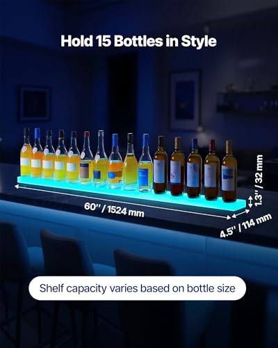 VEVOR LED Lighted Liquor Bottle Display, 1 Tier 60 Inches Whiskey Rack, Supports USB, Illuminated Home Bar Shelf with RF Remote & App Control, 7 Static Colors, Acrylic Lighted Shelf for 15 Bottles - size: 1 Step 60 Inches