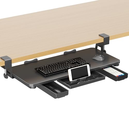 XINLEI Keyboard Tray Under Desk with Storage Drawer Large C-Clamp 26.7”(31” Including Clamps) x 11.8” Slide-Out Platform Computer Drawer Pull Out Keyboard & Mouse Tray DSF7CT - style: with Drawer