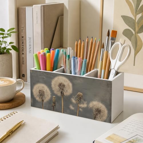 Vintage Rustic Dandelion Floral Pen Holder for Desk, Cottagecore Moody Botanical Flower Wooden Box Sign Desk Storage Organizer for Home Farmhouse Tabletop Table Shelf Decoration - color: Rustic Dandelion