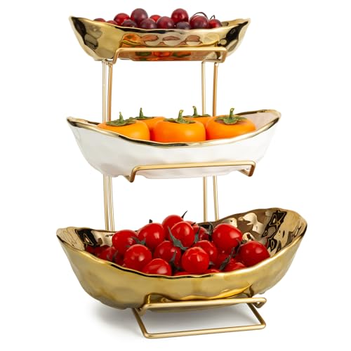3-Tier Gold Fruit Bowl & Tray with Metal Stand - Ceramic White, Triple Layer for Snacks, Nuts, Bread & Candy Storage - color: A gold triple layer