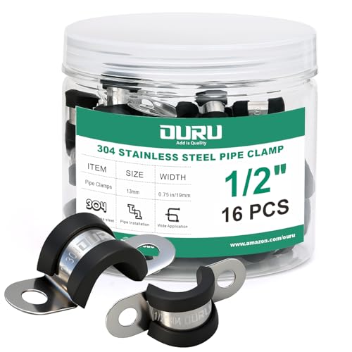 OURU 16pcs 1/2 Inch Pipe Clamp 304 Stainless Steel, Heavy Duty Rubber Cushioned Insulated Pipe Strap, U Bracket Clamp Conduit Clamp for Automotive, Wire & Tube - size: 1/2"