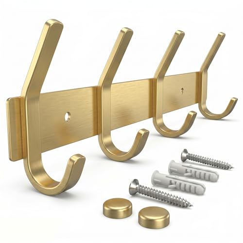 Brushed Gold Wall Mounted Coat Rack – 12 Inch Stainless Steel Rail with 4 Double Coat Hooks for Entryway, Bathroom, Bedroom, Kitchen – Modern Gold Hook Rack for Coats, Hats, Towels - color: Gold, size: 4 Hooks - 1 Pack