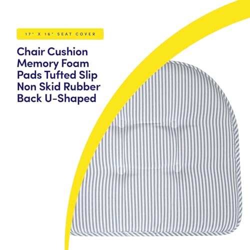 Sweet Home Collection Chair Cushion Memory Foam Pads Tufted Slip Non Skid Rubber Back U-Shaped 17" x 16" Seat Cover, Pinstripe Blue 4 Count - color: Pinstripe Blue, size: 4 Pack, style: Foam Pads