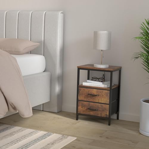 Huuger Nightstand with Charging Station, Fabric Drawers, End Table with Open Shelf, Bedside Table with USB Ports and Outlets, Night Stand for Bedroom, Rustic Brown - color: Rustic Brown, size: 11.8"d X 15.7"w X 23.6"h (2 Drawers)
