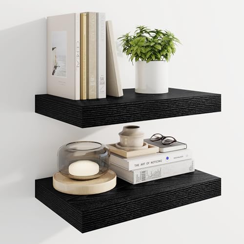 Marsmiles 16" Floating Shelves for Wall, Wooden Shelves with Invisible Brackets Set of 2, Rustic Farmhouse Wall Mounted Shelf for Kitchen Bathroom Living Room Study, Black - color: Black, size: 16"