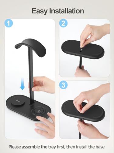 Airpod Max Charger Stand with 15W Wireless Charger, 4 in 1 Headphone Stand | Headset Holder for AirPods Max 2/Pro/iWatch/Vision Pro, Charging for iPhone 17/16/15/14/13/12/11/X, Aluminum Alloy Rod, Black - color: Dark Black