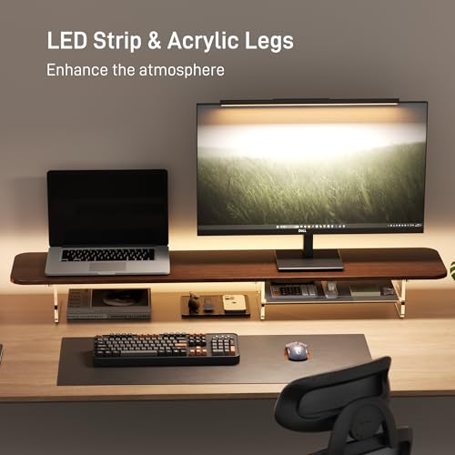 Dual Monitor Stand 43 Inch Extra Large Monitor Riser for Desk, Acrylic Clear Legs Desk Organizer Shelf with Felt Lining Storage Drawer, Compatible with Computer Laptop PC Printer Flat Screen TV