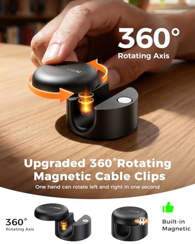 9-Pack Cable Clips [Upgraded],Rocoren Magnetic 360° Rotatable Cord Holder, Adhesive Cable Management Organizer,Wire Keeper for Nightstand Desk Car Phone Wall Home Office Accessories - color: Black