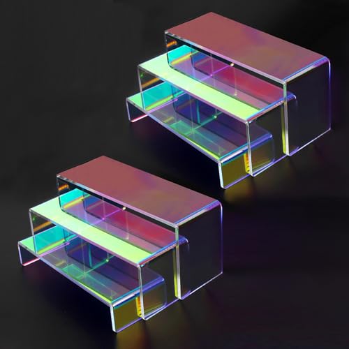 3 Tier Acrylic Riser Display Shelf Cupcake Stand for Amiibo Funko POP Figures,Perfume & Cologne Organizer,Desserts Holder,Jewelry Display Shelf Risers for Décor,2 Sets of 3-Pack (Iridescent) - color: Iridescent