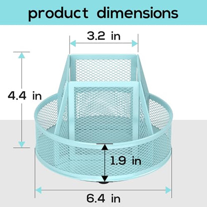YINGHUA Metal Mesh Desk Organizer with 5 Compartments and Rotating Pencil Holder Pen and Stationery Organizer for Office Home School Anti Slip Base Blue - color: Blue