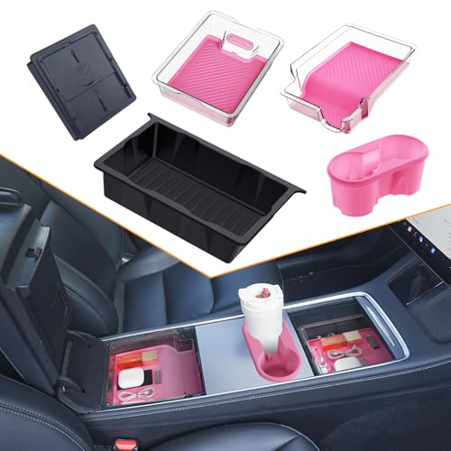 Pink Center Console Organizer 5PCS for Tesla Model Y Accessories 2024-2020 (Not Fit Juniper) Armrest Storage Tray with Hidden Box, Cup Holder Insert & Under Seat Storage - Custom Fit Interior Decor - size: 5PCS (20-24) ModelY Pink