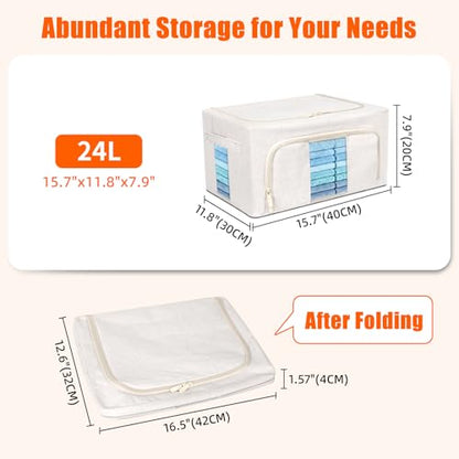 Foldable Clothes Storage Bins with Solid core powder-coated steel fram, 24/ 66L Storage Bags Fabric Box Organizer with Clear Window Zippers Sturdy Handles 2 Pack (Beige, 24L 1Pack) - size: 24L 1Pack