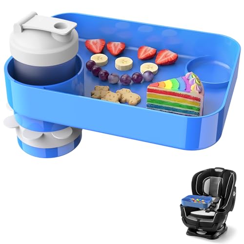 Car Seat Snack Tray for Toddlers, Reduces Mess Square Travel Tray Cup Holder Snack Tray, Durable Car Food Tray for Kids, Universal Fit Kids Travel Road Trip Essentials (Blue) - color: Blue