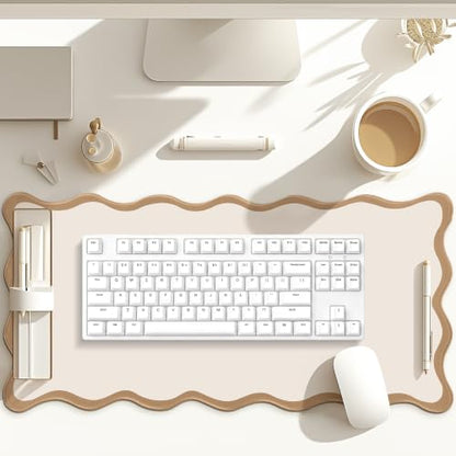 Hahafelt Scalloped Desk Mat Large Desk Pad Cute Coquette Table Mat Back to School Preppy Table Make up Pad Nonslip Graduation Gift with Stitching Waterproof Gaming(Beige,23.6 x 13.8 Inches) - color: Beige, size: 23.6 x 13.8 Inches