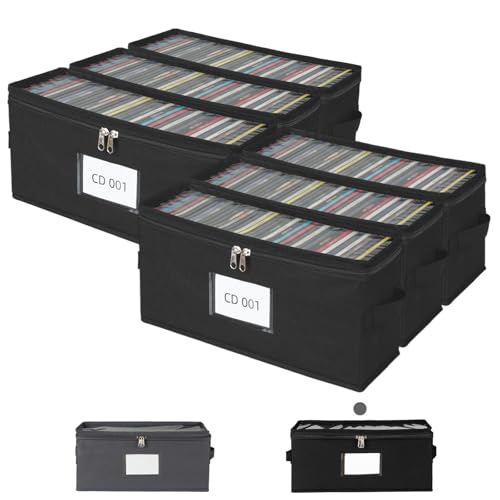6 Pack Fabric CD Storage Box with Clear PVC Lid, Holds 35 Standard CD Cases, Zipper Closure for Dust Protection, Portable CD Organizer for Music Collection, Black - color: Black, size: Standard-6 Pack