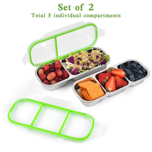 UPTRUST Reusable Stainless Steel Snack Containers with Lids – 2-Compartment and 3-Compartment Leak-Proof Designs for Take-Out Condiments and On-the-Go Snacks - size: 1-Piece 2-Compartment + 1-Piece 3-Compartment