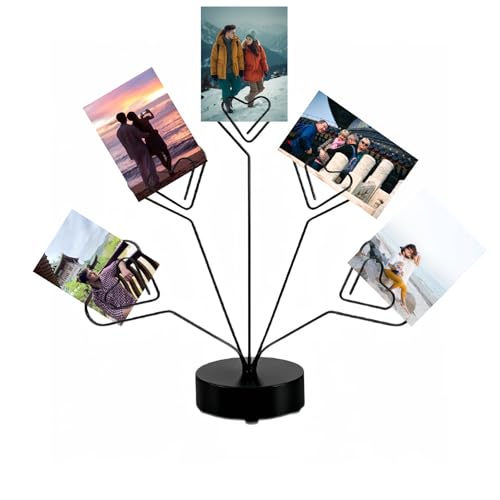 Desktop Heart-Shaped Photo Tree Style Holders Round Base,5-Branch Family Picture Frame Clips Holder Desk Card Display Stand for Christmas,Wedding, Birthday Party,Black - color: Black