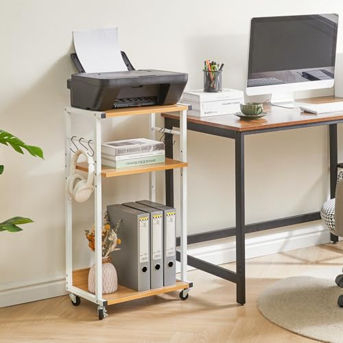 YMYNY Mobile Printer Stand, 3-Tier Printer Cart with Adjustable Storage Shelf and 6 S-Hooks, Tall Printer Table for Home Office, for Computer Tower Stand, Shredder, CPU Stand, Natural, UHPT002N - color: Natural-3 Tiers