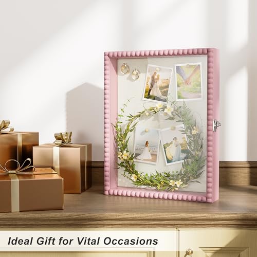 Love-KANKEI Shadow Box Frame 11x14, Deep Large Shadow Box Display Case with Unique Beads Door and Glass Window, Wood Memory Box Gift for Pictures,Medals,Memorabilia,Collections Pink - color: Pink, size: 11x14