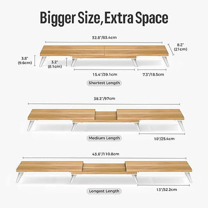 loukin Dual Monitor Stand Riser for Desk, 43.6"*8.2"*3.2" Large Computer Stand for 2 Monitors, Laptop, Printer, Length and Angle Adjustable Computer Shelf, Home Office,Max 43.6" Length Natural