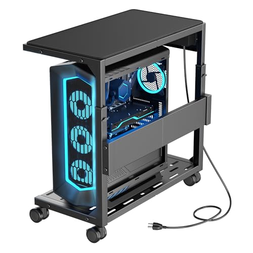 Aquzee PC Stand, Adjustable Computer Tower Stand on Wheels, Heavy Duty Metal Computer Case Cart with Power Strip, Under Desk Rolling PC Holder for Floor Carpet, Gaming Home Office Bedroom, Black