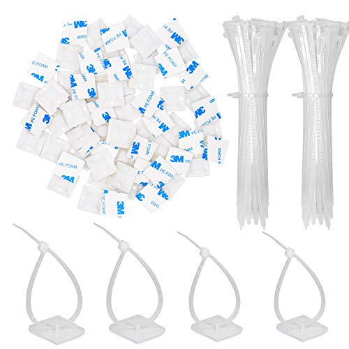 50 Pack 1.5 inch Zip Tie Adhesive Mounts Self Adhesive Cable Tie Base Holders with Multi-Purpose Tie wire clips with screw hole,Anchor stick on wire holder with 8 inch zip ties（White） - color: 50 Pack 1.5“ White