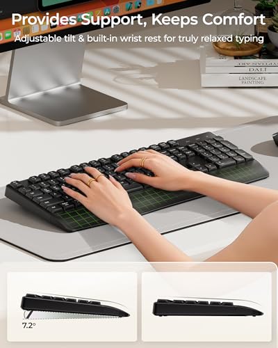 seenda Wireless Bluetooth Keyboard Mouse Combo, COE200 Ergonomic Keyboard with Wrist Rest, Silent Mouse, Multi-Device Connection, Full-Size Compatible for Windows PC Laptop Mac MacBook, Black - color: Black