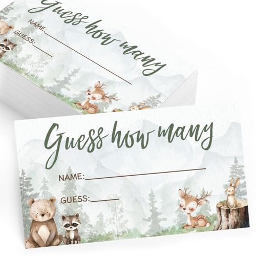 Printed Party Baby Shower Games – Woodland Adventure Candy Jar Guessing Game, Forest Animal Theme, 30 Guess How Many Cards & Matching Display Sign - color: Woodland Adventure