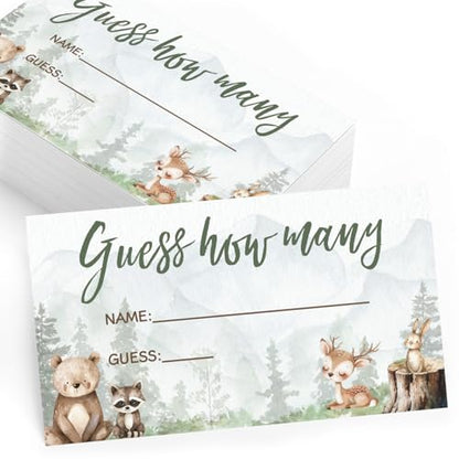 Printed Party Baby Shower Games – Woodland Adventure Candy Jar Guessing Game, Forest Animal Theme, 30 Guess How Many Cards & Matching Display Sign - color: Woodland Adventure