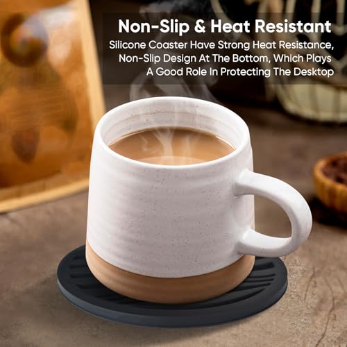 6 Pack Rubber Drink Coasters with Holder, Black Silicone Cups Mat Non-Slip | Coasters for Drinks Non-Stick Outdoor Plastic Coasters Set Thickened Hot- Cold Drink Fits Any Cups Table Rubber Glass Coaster - color: Pure Black-plastic Holder