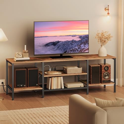 HOOBRO TV Stand with Power Outlets to 75 Inches, TV Console Table with Open Storage Shelves Cabinet, Industrial Media Entertainment Center for Living Room Bedroom, Rustic Brown and Black BF60DS01 - color: Rustic Brown + Black, size: 63 Inch