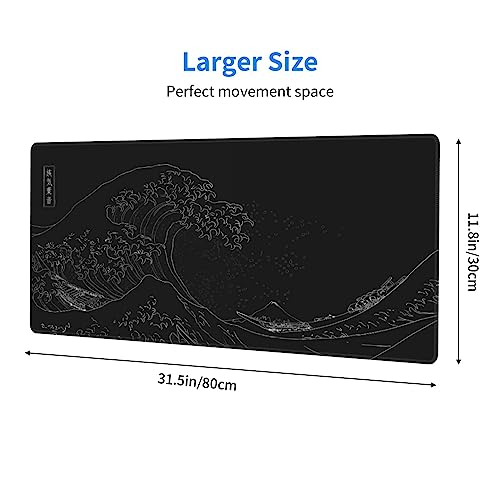 Japanese Gaming Mouse Pad Black Mouse Pad Kanagawa Large Mousepad Non-Slip Rubber Base Waterproof with Stitched Edges for Gaming Office Home, 31.5x11.8 Inch (Black Wave) - color: Kanagawa Wave