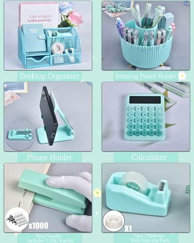 LXEVIHK 21Pcs Green and Blue Desk Organizers and Accessories With Mesh Desk Organizer and 360°Rotating Pen Holder and a Lot of Office Green Office Supplies Beautifully Presented in a Gift Box - color: green+blue
