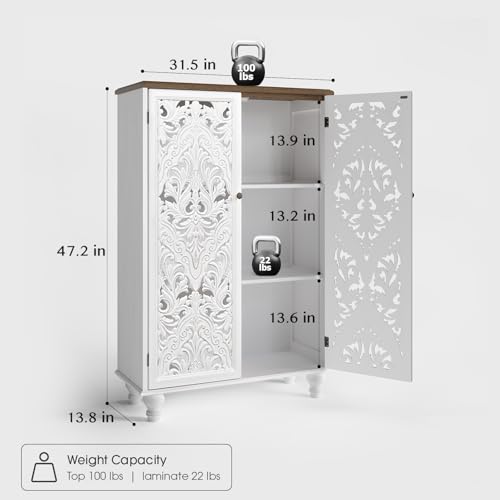 Jiansu furni Buffet Sideboard Cabinet with Carved Doors, 47" Tall Accent Cabinet for Dining Room, Vintage Wood Storage Cabinet with Shelves, Slim Floor Cupboard for Kitchen & Entryway, White & Walnut - color: White & Walnut_2 Doors Tall