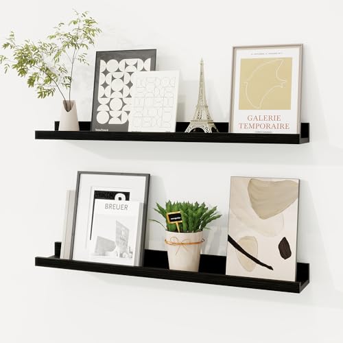 Picture Ledge Shelf, Floating Shelves Set of 2, 24 Inches Solid Wood Nursery Book Shelves for Toys Storage, Kids Bookshelf Wall Mounted for Living Room Bedroom Decor Books Photo Frames, Black - color: Solid Pine Wood Black Finish, size: 24in