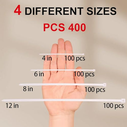 White Zip Ties Assorted Sizes 4+6+8+12 Inch, 400 Pack, Clear Zip Ties, White Cable Ties, Zipties Clear, UV Resistant Wire Ties, Plastic Ties, Tie Wraps Assorted Sizes, SiKuLin - size: 4+6+8+12 (400 Pack)