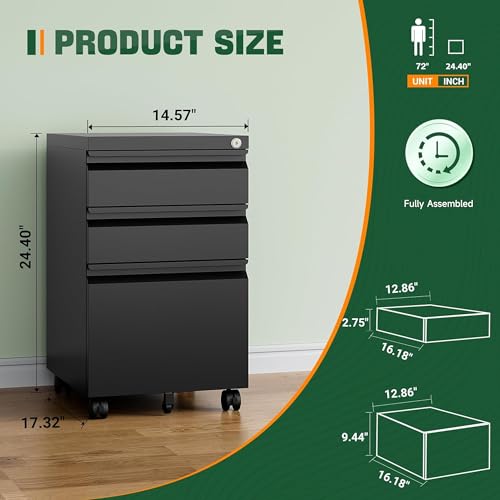 Letaya 3 Drawer Mobile File Cabinet with Lock,Under Desk Metal Filing Cabinets for Home Office Organizer Letters/Legal/A4((Fully Assembled-Black) - color: Black, size: 14.57"W X 17.32"D X 24.40"H