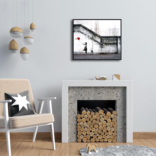 Wieco Art Framed Canvas Wall Art Giclee Canvas Prints of Banksy Grafitti Girl with Red Balloon Abstract Artwork for Wall Decor Home Decorations Black Frame - size: 24"L x 20"W