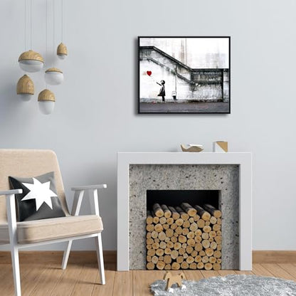 Wieco Art Framed Canvas Wall Art Giclee Canvas Prints of Banksy Grafitti Girl with Red Balloon Abstract Artwork for Wall Decor Home Decorations Black Frame - size: 24"L x 20"W