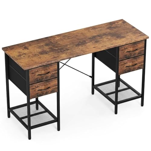 SUMELL 55 Inch Computer Desk with 4 Drawers, Rustic Brown Home Office Desk with Mesh Shelf for Gaming, Study, and Writing Workstation