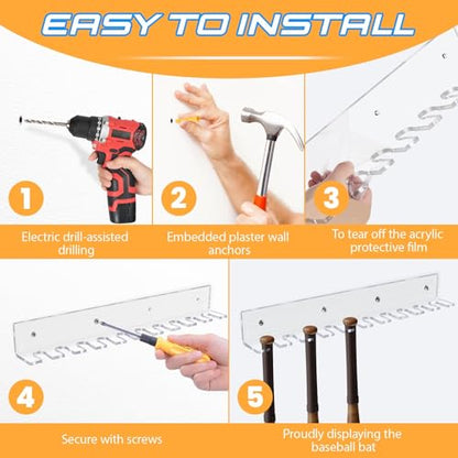 Clear Thickened Display Stands & Wall Mounts for Baseball Bats, Acrylic Mini Baseball Bat Display Hanger for 10 Items, Sturdy Vertical Bat Rack Organizer, Floating Baseball Display Shelf