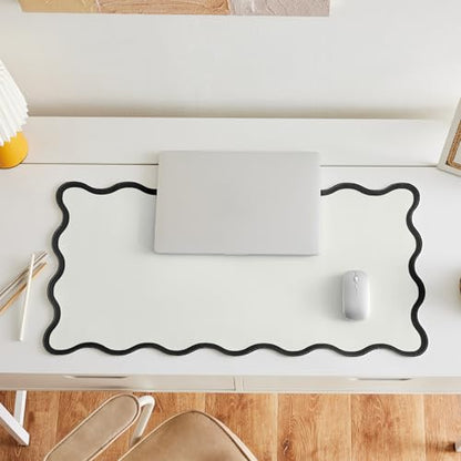 Black White Scalloped Desk Mat, 31.5" x 15.7", PU Leather, Waterproof Anti-Slip, Cute Aesthetic Desk Pad for Office/Home/Game - color: Black