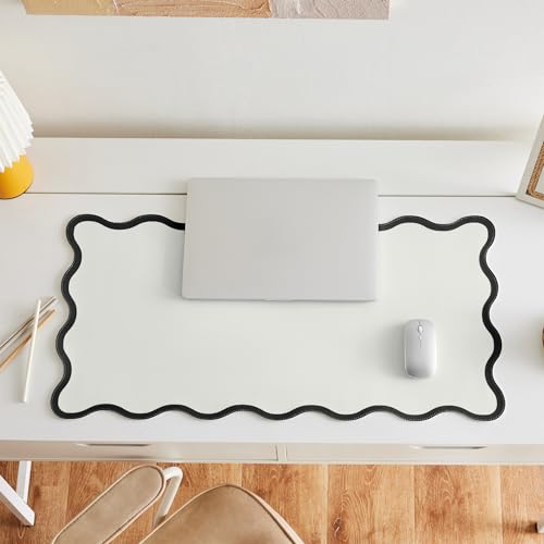 Black White Scalloped Desk Mat, 31.5" x 15.7", PU Leather, Waterproof Anti-Slip, Cute Aesthetic Desk Pad for Office/Home/Game - color: Black