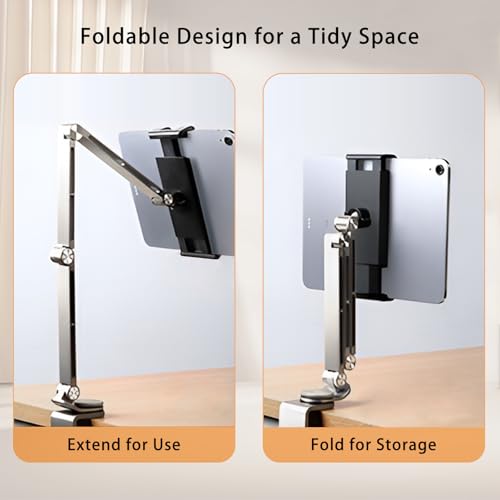 iPad Mount for Desk Aluminum Alloy Tablet Stand Foldable Overhead Arm Holder Mount Fits for 4.7-15.6" Screen Phone,Kindle,Fire HD,Monitor,iPad,Galaxy Tab Series (Gray) - color: Gray