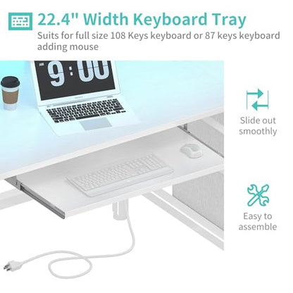 Lufeiya Gaming Desk with LED Lights and Power Outlets, 47 Inch Home Office Desks with Keyboard Tray, White Computer Desk with File Drawers Cabinet, Writing Table PC Desks with Monitor Stand, White - color: White